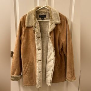 Brown Eddie Bauer Leather Coat with Faux Fur Liner (Acrylic & Polyester) Size L